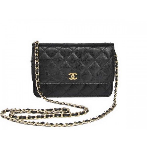 Neue billige Chanel A33814 Black Grain Leather Flap Bag Gold