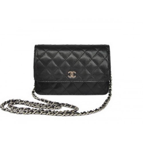 Neue billige Chanel A33814 Black Grain Leather Flap Bag Silber