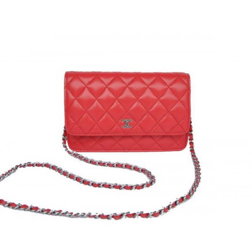 Neue Farbe Chanel A33814 Rot Lammfell Leder Flap Bag Silber