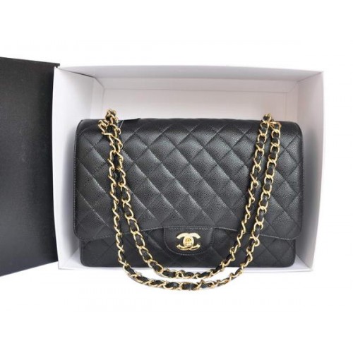 Chanel A47600 Schwarz Original Caviar Leather Jumbo Flap Bag Gold