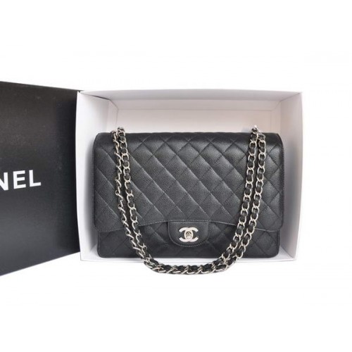 Chanel A47600 Schwarz Original Kaviarleder Jumbo Flap Bag Silber