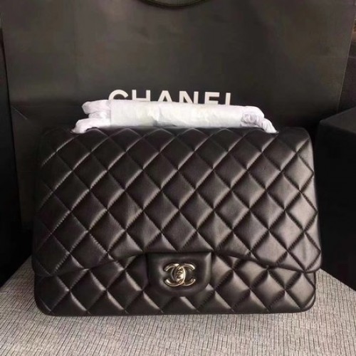 Chanel Maxi Quilted Classic Flap Bag Schwarzes Schafsleder A58601 Silber
