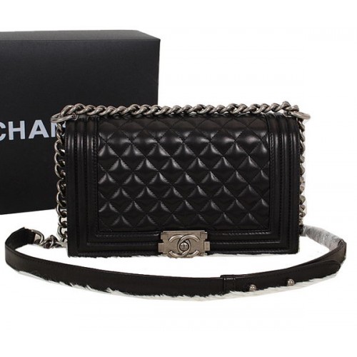 Chanel Schwarzes Schafsleder Le Boy Umhängetasche A67086 Silber