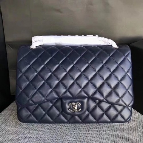 Chanel Maxi Quilted Classic Flap Bag Blaues Schafsleder A58601 Silber