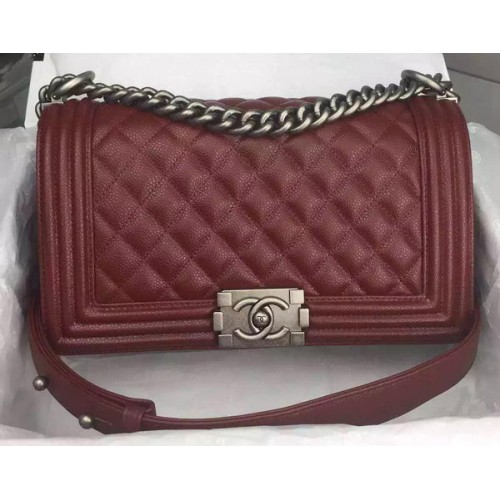 Chanel Boy Flap Umhängetasche Burgund Original Kalbsleder A8708 Silber