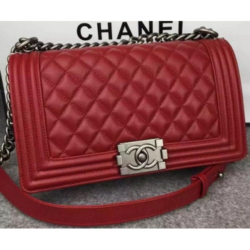 Chanel Boy Flap Umhängetasche Rot Original Kalbsleder A8708 Silber