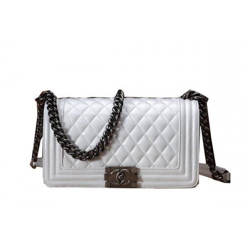 Chanel Boy Flap Umhängetasche Weiß Original Kalbsleder CHA67086 Silber