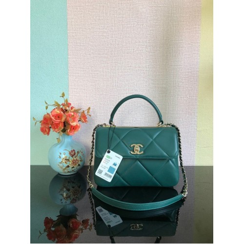 Chanel CC Original-Lammleder-Überschlagtasche A92236, dunkelgrün und goldfarbenes Metall