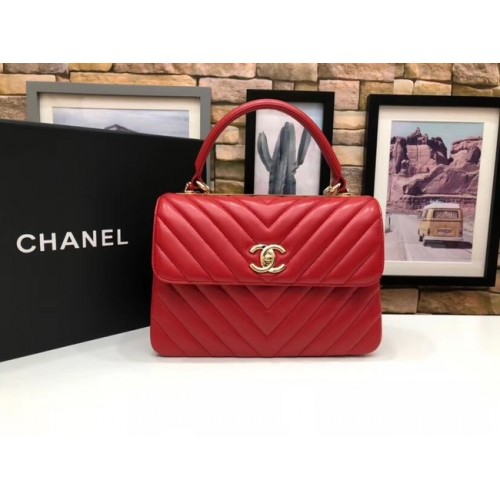 Chanel CC Original-Lammleder-Klappentasche V92236 mit oberem Griff, rot und goldfarbenes Metall