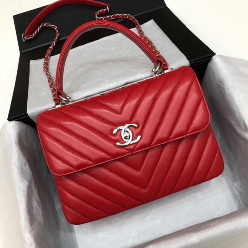 Chanel CC Original Lammfell-Überschlagtasche V92236 rot-silberfarbenes Metall