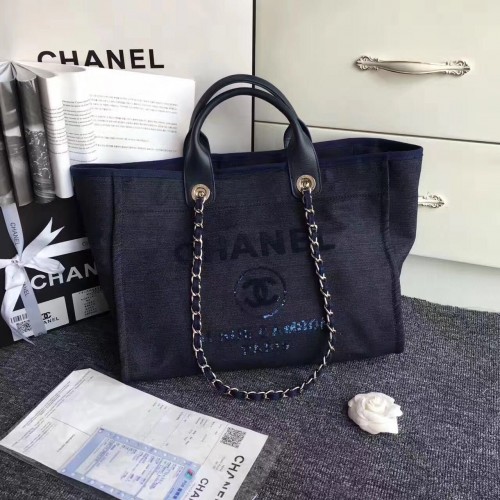 Chanel Canvas Leder Tote Einkaufstasche Dunkelblau A1679