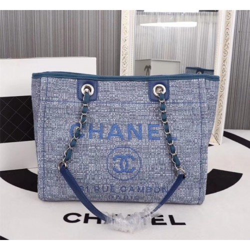 Chanel Canvas Einkaufstasche Kalbsleder Silberfarbenes Metall A23556 blau