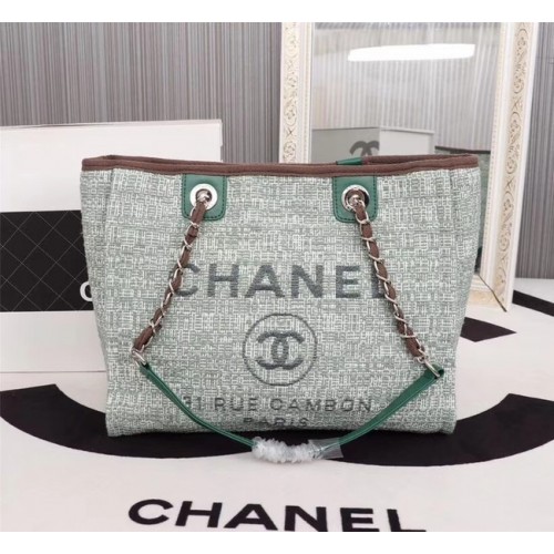 Chanel Canvas Einkaufstasche Kalbsleder Silberfarbenes Metall A23556 grün