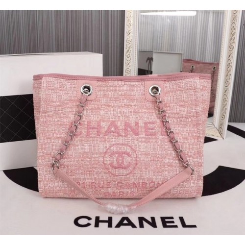 Chanel Canvas Einkaufstasche Kalbsleder Silberfarbenes Metall A23556 rosa