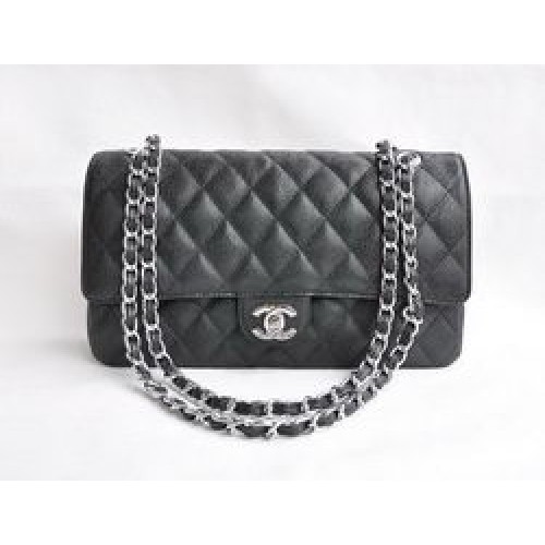Chanel Classic 2.55 Series Black Caviar Silver Chain Quilted Flap Bag 1113