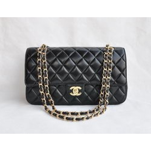 Chanel Classic 2.55 Series Schwarzes Lammleder mit goldener Kette, gesteppte Klappentasche 1113