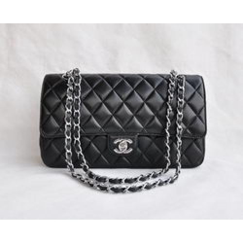 Chanel Classic 2.55 Series Schwarzes Lammleder Silberkette gesteppte Klappentasche 1113