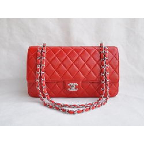Chanel Classic 2.55 Series Red Lammleder Silver Chain Quilted Flap Bag 1113