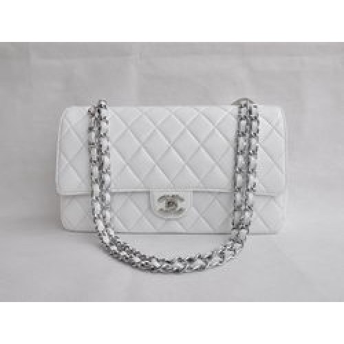 Chanel Classic 2.55 Serie Weißes Lammleder Silberkette gesteppte Klappentasche 1113