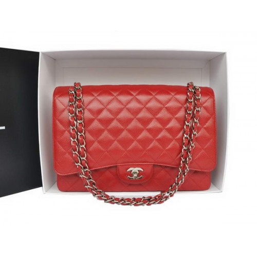 Top Qualität Chanel Classic A36070 Rot Original Narbenleder Große Flap Bag Silber