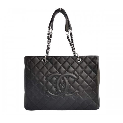 Günstige Chanel Classic CC Einkaufstasche A20995 Schwarz Lammfell Silber