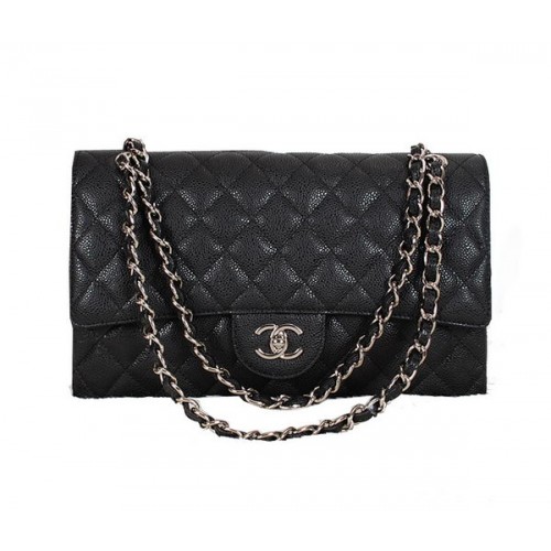 Chanel Classic Flap Bag 1113 Schwarz Original Cannage Muster Leder Silber
