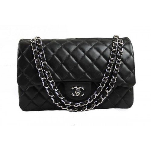 Chanel Classic Flap Bag 1113 Schwarz Original Schafsleder Silber