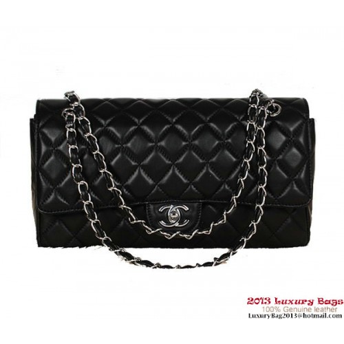 Chanel Classic Flap Bag 1113 Schwarzes Schaffell Silber