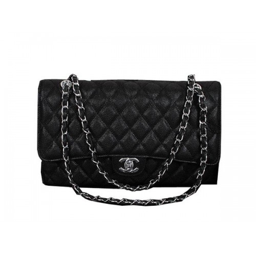 Chanel Classic Flap Bag 1119 Schwarz Cannage Muster Leder Silber