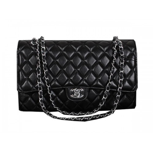 Chanel Classic Flap Bag 1119 Schwarzes Schaffell Silber