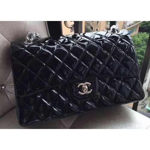 Chanel Classic Flap Bag Schwarz Original Lackleder A1113 Silber