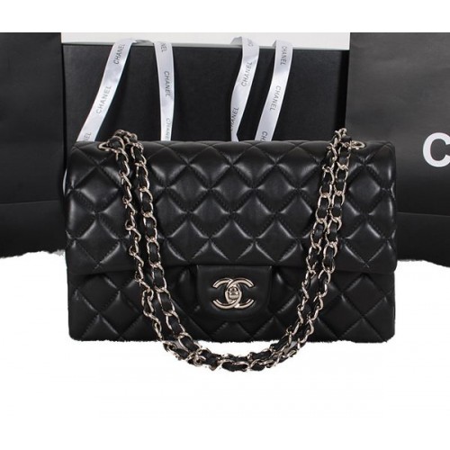 Chanel Classic Flap Bag Schwarz Original Schafsleder A1118 Silber