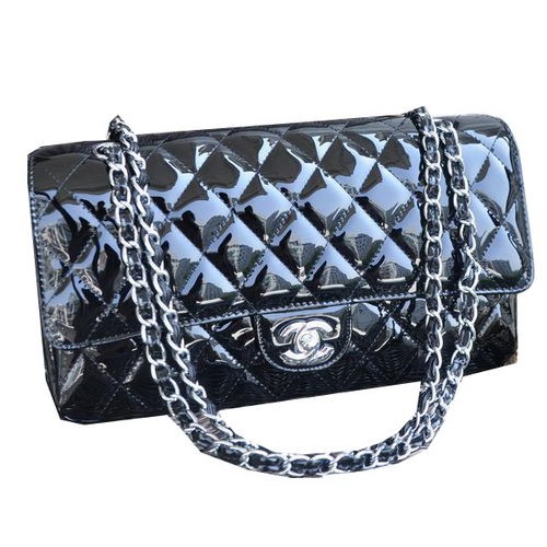 Chanel Classic Flap Bag Schwarzes Lackleder CHA1113 Silber