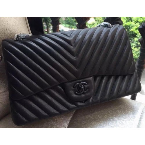 Chanel Classic Flap Bag Schwarzes Schaffell Chevron Quilting A1113 Silber