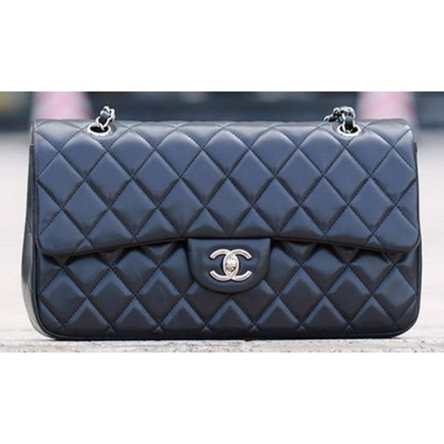 Chanel Classic Flap Bag Schwarzes Schafsleder A1113 Silber