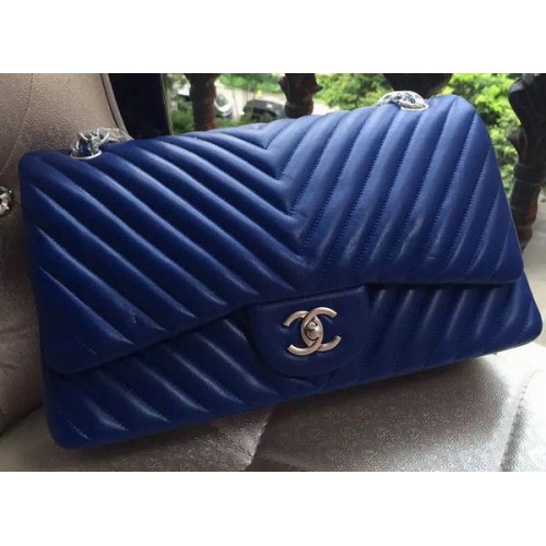 Chanel Classic Flap Bag Blue Sheepskin Chevron Quilting A1113 Silber