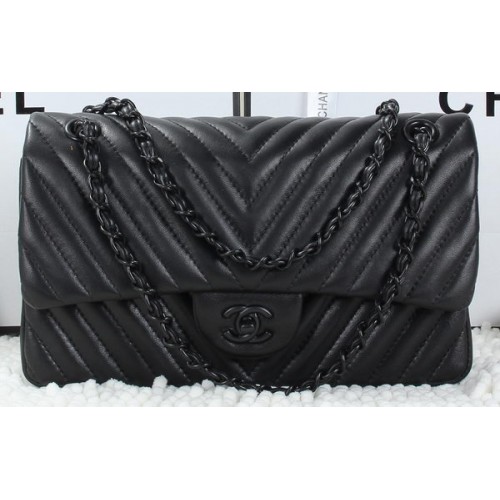 Chanel Classic Flap Bag Lammleder Chevron Quilting A01112 Schwarz