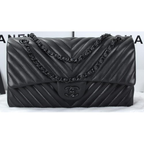 Chanel Classic Flap Bag Lammleder Chevron Quilting A01113 Schwarz