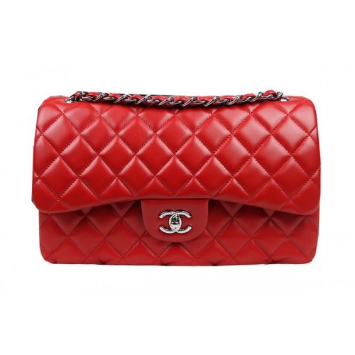 Chanel Classic Flap Bag Rot Original Leder CF1113 Silber