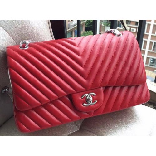 Chanel Classic Flap Bag Red Sheepskin Chevron Quilting A1113 Silber