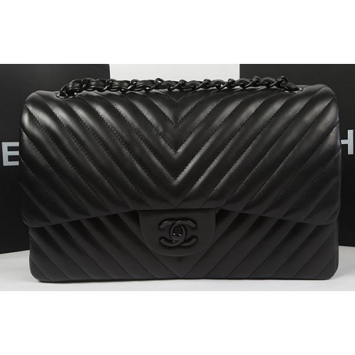 Chanel Classic Flap Bag Sheepskin Chevron Quilting A1113 Schwarz