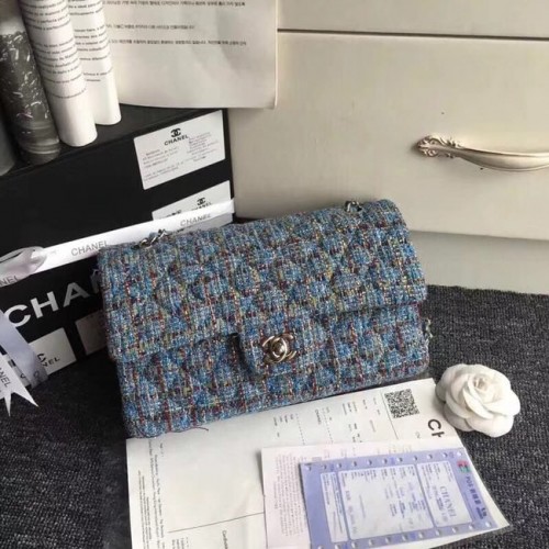 Chanel Classic Handtasche Bestickter Tweed Silberfarbenes Metall A01112 blau