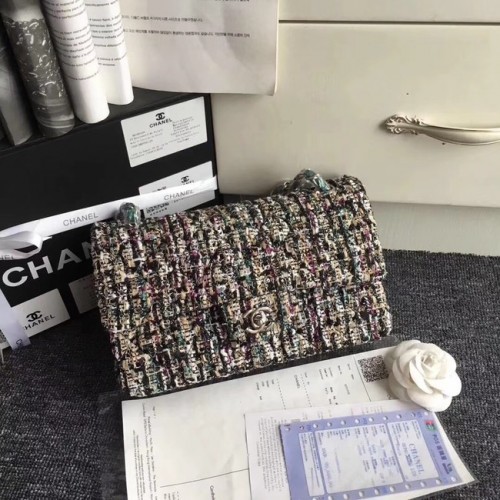 Chanel Classic Handtasche Bestickter Tweed Silberfarbenes Metall A01112 grün