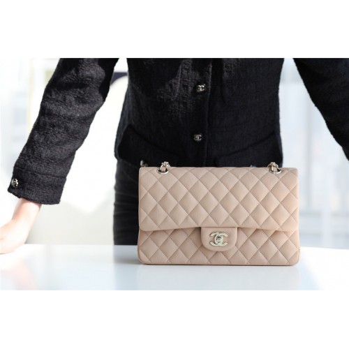 Chanel Classic Handtasche genarbtes Kalbsleder silberfarbenes Metall A1112 Apricot