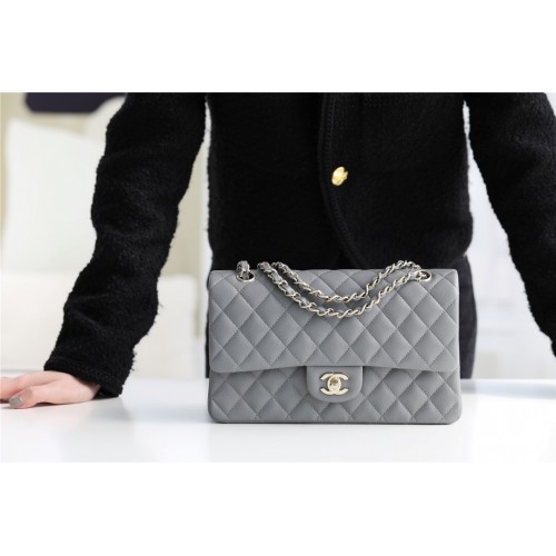 Chanel Classic Handtasche Genarbtes Kalbsleder silberfarbenes Metall A1112 grau