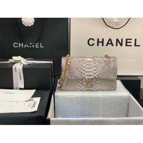 Chanel Classic Handtasche Pythonleder Silber A01112 Gold Hardware