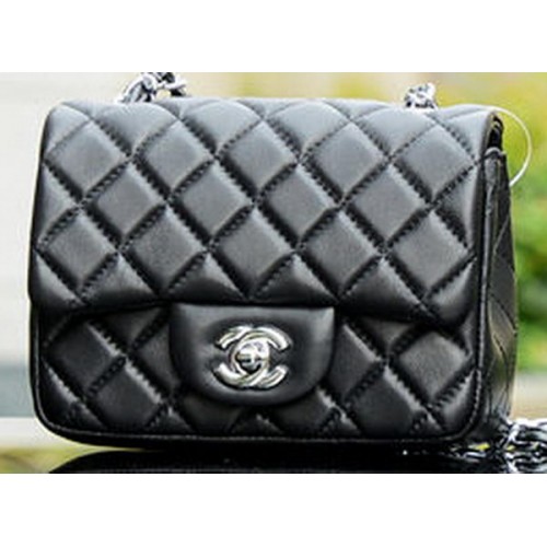Chanel Classic MINI Flap Bag Schwarzes Schaffell A37585 Silber