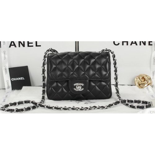 Chanel Classic MINI Flap Bag Schwarzes Schafsleder A1115 Silber