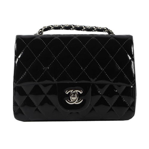 Chanel Classic MINI Flap Bag CF1119 Schwarzes Lackleder Silber