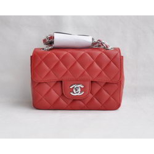 Chanel Classic Red Lambskin Silver Chain Quilted Flap Bag 1115
